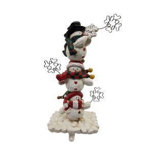 vintage dillards trimmings folk art 3 teir snowman resin christmas card & stocki